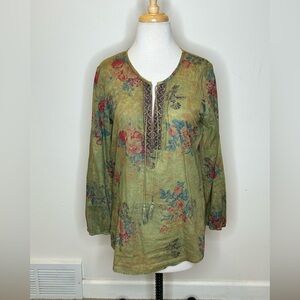 Vintage Goa Olive Floral Embroidered V-Placket Tunic Size S